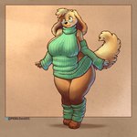 anthro arm_warmers armwear backless_topwear big_breasts bottomless breasts clothed clothing eyewear female glasses leg_warmers leggings legwear solo sweatclothes sweater topwear turtleneck pebblemakes canid canine canis domestic_dog mammal hi_res