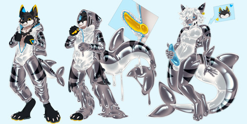 anthro balls black_body black_fur bodily_fluids claws clothing consensual_takeover cum duo fur genital_fluids genitals glistening glistening_body goo_transformation goopy heterochromia knot latex latex_clothing male male/male merging non-hostile_takeover paws penetration penis sex slime sticky suit transformation gnolub kisha_(artist) changed_(video_game) tiger_shark_(changed) animate_inanimate aquatic canid canine canis fish living_clothing mammal requiem_shark shark tiger_shark wolf absurd_res hi_res