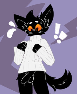 anthro balls biped black_balls black_body black_eyes black_fur black_penis black_pubes black_tail blush bodily_fluids bottomless bottomless_anthro bottomless_male clothed clothing exclamation_point flying_sweatdrops front_view fur genitals half-erect humanoid_genitalia humanoid_penis looking_down male orange_sclera penis pubes purple_background simple_background solo standing surprised sweat sweatdrop sweater sweater_only tail topwear topwear_only turtleneck white_clothing white_sweater white_topwear kickingkeldeo bingo_(fringession) domestic_cat felid feline felis mammal 2026 digital_drawing_(artwork) digital_media_(artwork) hi_res