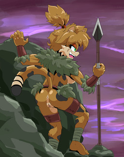 anthro anus big_breasts breasts casual_nudity feet female fingers fur genitals hair holding_melee_weapon holding_object holding_polearm holding_spear holding_weapon melee_weapon nude open_mouth outdoor_nudity polearm smile solo spear standing tail toes tribal vulva weapon extraspecialzone sega sonic_the_hedgehog_(series) fan_character cheetah felid feline mammal digital_media_(artwork)