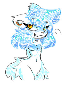 amber_eyes anthro big_eyes big_tail biped blue_body blue_fur blue_hair blue_markings countershade_fur countershade_hair countershading ear_tuft eye_through_hair eyebrow_through_hair eyebrows eyelashes eyelashes_through_hair fangs female fur hair hands_behind_back head_tuft heart_(marking) heart_symbol inner_ear_fluff insane leg_tuft long_hair looking_at_viewer looking_back looking_back_at_viewer markings motion_lines narrowed_eyes navel orange_inner_ear pink_nose raised_eyebrows short_snout showing_teeth slim small_nose small_waist smile smiling_at_viewer smirk smirking_at_viewer smug snout solo standing tail teeth thick_thighs thigh_tuft translucent translucent_hair tuft white_body white_eyebrows white_fur white_inner_ear_fluff white_sclera fidelbon sumthy_(fidelbon) domestic_ferret mammal mustelid musteline true_musteline weasel 2025 colored_sketch digital_drawing_(artwork) digital_media_(artwork) portrait sketch