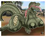 anthro areola big_breasts breasts claws female looking_at_viewer muscular nipples nude solo spikes tail thick_thighs tongue deltavinny capcom monster_hunter brute_wyvern deviljho absurd_res hi_res