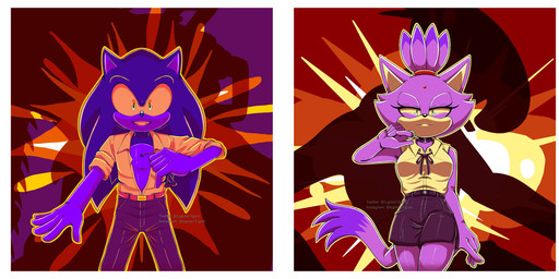 anthro bottomwear clothing cosplay crossover_cosplay duo female hair hero looking_at_viewer male pants ponytail princess ripcord royalty shirt skirt smile topwear lupitamota chainsaw_man sega sonic_the_hedgehog_(series) blaze_the_cat denji_(chainsaw_man) reze_(chainsaw_man) sonic_the_hedgehog domestic_cat eulipotyphlan felid feline felis hedgehog mammal absurd_res crossover hi_res