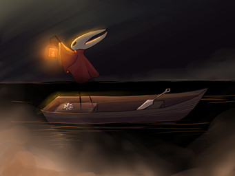 2_horns ambiguous_gender biped black_body black_eyes boat cloak clothing empty_eyes flower fog glowing holding_lantern horn lamp lantern outside plant red_cloak red_clothing solo standing vehicle water watercraft white_flower kuijinxi hollow_knight_(franchise) team_cherry hornet_(hollow_knight) arthropod 2025 4:3 hi_res female_(lore)