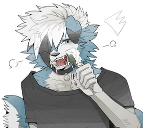 ambiguous_gender anthro blue_body blue_eyes blue_fur brush brushing brushing_teeth clothing collar fur solo white_body white_fur kafeilang nintendo pokemon kian_(kianyemao) canid canine generation_7_pokemon lycanroc mammal midnight_lycanroc pokemon_(species) shiny_pokemon hi_res
