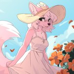 anthro antlers breasts cleavage clothed clothing female flower freckles fur hair hat headgear headwear horn pink_body pink_fur plant simple_background sky smile solo sun_hat sunflower tail tongue artmarshmallow marshmallow_fluff_(character) canid canine deer fox hybrid mammal 1:1 digital_media_(artwork) hi_res