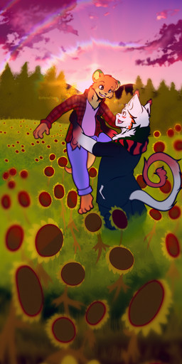 anthro duo femboy flower hug landscape love male male/male plant sky sunflower sunset teebll felid feline lynx mammal mustelid otter 6:13 hi_res