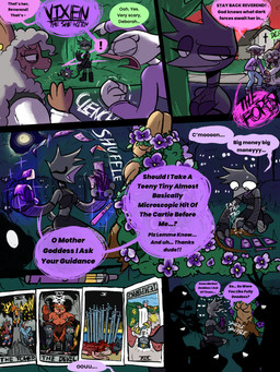 alternative_fashion anthro black_body black_feathers card clothing crop_top curly_hair dialogue feathers female goth grey_hair group hair half-closed_eyes humor magic_user major_arcana male minor_arcana narrowed_eyes open_mouth open_smile shirt smile smirk smug smug_face speech_bubble tarot tarot_card temperance_(tarot) ten_of_swords_(tarot) text the_devil_(tarot) the_tower_(tarot) topwear trio white_body white_feathers happyroadkill deborah_dove vixen_"fuck-alliteration"_raven avian bird columbid corvid corvus_(genus) dove lagomorph leporid mammal oscine passerine rabbit raven absurd_res comic english_text hi_res trans_(lore) trans_woman_(lore)