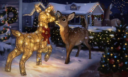 black_eyes black_nose brown_body brown_fur christmas_decorations christmas_ornament christmas_tree feral fur holidays nose_to_nose ornament plant quadruped sculpture short_tail solo spots statue tail tan_body tan_fur tree white_spots young alexpahomov christmas deer mammal new_world_deer white-tailed_deer 2021