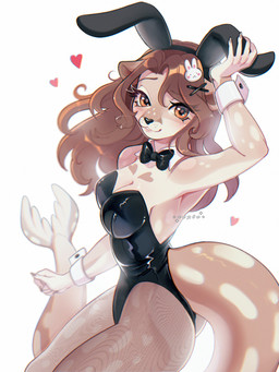 5_fingers accessory anthro black_clothing black_leotard black_nose breasts brown_body brown_eyes brown_fur brown_hair butt clothing eyelashes fake_ears fake_rabbit_ears female fingers fur hair hair_accessory hairclip heart_(marking) heart_symbol high-angle_view leotard long_eyelashes long_hair looking_at_viewer markings medium_breasts simple_background solo spots spotted_body spotted_fur tail tan_body tan_fur whiskers white_background cepto_(artist) aquatic mammal pinniped seal 2023 colored digital_drawing_(artwork) digital_media_(artwork) hi_res shaded