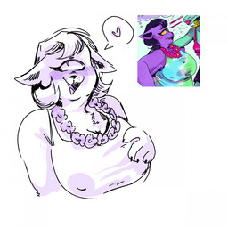 1_eye 5_fingers anthro areola_outline big_breasts breasts claws cleavage clothed clothed_anthro clothed_female clothing duo ears_down eyelashes fangs female female_anthro finger_claws fingers fur hair heart_symbol lei looking_aside nipple_outline open_mouth pivoted_ears pointy_ears prick_ears shirt short_hair snout speech_bubble tank_top teeth tongue topwear whisker_spots currentlytr_ash undertale_(series) bratty_(undertale) catty_cattenheimer domestic_cat felid feline felis mammal 1:1 2026 hi_res reference_image sketch