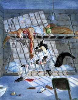 after_murder anthro athletic athletic_male barefoot bed belt black_body black_fur black_nose black_tail blood blood_drip blood_from_neck blood_from_wound blood_on_clothing blood_on_floor blood_on_knife blood_splatter bodily_fluids bottomwear brick_wall bunk_bed claws clothing concrete_floor corpse countershade_neck countershading death drain drawing_(object) dripping duo evil_face evil_grin eyewear fatal_wound feet fur furniture glasses gore grin holding_knife holding_object inmates inside killing knife light_bulb long_claws long_tail lying lying_on_bed male murderer on_bed orange_body orange_fur pants pillow pince-nez prison prison_cell prisoner shadow shirt shoes_removed sitting slit_throat smile tail tally_marks tan_body tan_fur tank_top toe_claws topwear violence wall_(structure) western_tally_marks whiskers white_clothing white_shirt white_topwear wounded darkwolfie jack_salem canid canine gulonine mammal marten mustelid musteline sable_(marten) 2008 chalk_(artwork) colored_pencil_(artwork) mixed_media pen_(artwork) traditional_media_(artwork)
