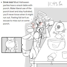 anthro bladder_bulge blush blush_lines bodily_fluids bulge clothing costume cross cross_necklace drinking furniture genital_fluids halo hand_on_crotch holidays jewelry leaking_urine male necklace omorashi overalls punch_(drink) punch_bowl skull_decoration solo table text time urine paddle-boat halloween angel_(paddle-boat) deer mammal 1:1 digital_drawing_(artwork) digital_media_(artwork) english_description english_text hi_res restricted_palette
