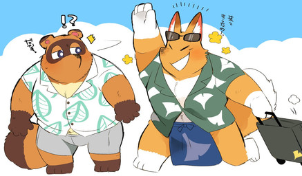 aloha_shirt anthro clothing duo eyewear gesture interrobang male pattern_clothing pattern_shirt pattern_topwear shirt smile suitcase sunglasses text topwear waving hyaku_(artist) animal_crossing nintendo crazy_redd tom_nook_(animal_crossing) canid canine fox mammal raccoon_dog tanuki japanese_text