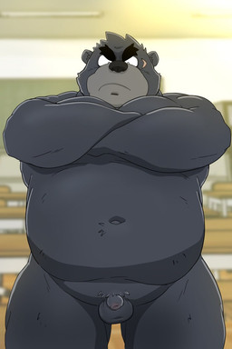 anthro balls belly big_belly black_body black_nose censored_genitalia censored_penis chalkboard classroom countershade_face countershade_snout countershading crossed_arms desk detailed_background eyebrows facial_scar flaccid foreskin frown fur furniture genitals grey_balls grey_body grey_countershading grey_fur grey_penis inside kemono larger_but_small looking_at_viewer male micropenis multicolored_body multicolored_fur navel nude overweight overweight_male penis scar school scowl small_penis snout solo table thick_eyebrows two_tone_body two_tone_fur shibatanukiti bear mammal 2023 2:3 censored hi_res mosaic_censorship portrait three-quarter_portrait