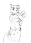 anthro bottomwear bread clothed clothing electronics femboy food groceries grocery_bag hair headphones looking_at_viewer looking_back looking_back_at_viewer male pants solo standing chochi mike_blade canid canine fox mammal black_and_white monochrome traditional_media_(artwork)