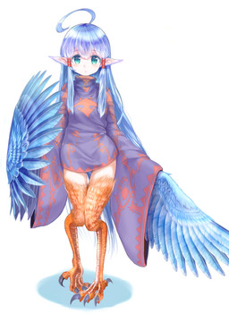 ahoge asian_clothing avian_feet blue_body blue_eyes blue_feathers blue_hair clothed clothed_female clothing east_asian_clothing feathered_ears feathers female hair japanese_clothing kimono light_body light_skin long_hair pointy_ears simple_background solo white_background wings jade_hpy european_mythology greek_mythology mythology avian harpy mythological_avian mythological_creature hi_res