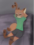 anthro barefoot bottomwear clothed clothing dipstick_ears ear_markings eyes_closed feet fully_clothed furniture male multicolored_ears shirt shorts sofa solo stretching t-shirt topwear bubblecop disney zootopia nick_wilde canid canine fox mammal red_fox true_fox 2021 signature