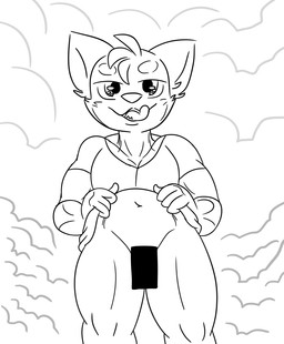ambiguous_gender anthro censor_bar censored_genitalia clothed clothed_ambiguous clothing clothing_lift licking licking_lips muscular_legs navel presenting simple_background solo teasing tongue tongue_out white_background usury40 black_and_white censored hi_res monochrome portrait three-quarter_portrait