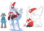 breasts female fur group level_difference markings pose red_markings white_body white_fur gittigiti nintendo pokemon generation_3_pokemon generation_4_pokemon lucario pokemon_(species) riolu zangoose