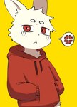 anthro cheek_tuft clothed clothing cross-popping_vein eyebrows facial_tuft hands_in_both_pockets hood inner_ear_fluff male mouth_closed pantsless rabbit_ears simple_background solo speech_bubble standing tuft white_body yellow_background cross_0315 lagomorph leporid mammal rabbit hi_res