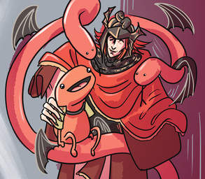 abstract_background ambiguous_gender anthro blue_background cape clothed clothing dot_eyes duo eyes_closed feral forked_tongue green_cape green_clothing hand_on_shoulder happy membrane_(anatomy) membranous_wings multi_wing nude orange_body purple_background red_clothing red_robe robe simple_background simple_eyes sitting sitting_on_another small_wings standing tongue tongue_out wings bigtabart elden_ring fromsoftware messmer_the_impaler zorayas human legged_snake mammal manserpent reptile scalie snake 2024 cel_shading colored digital_drawing_(artwork) digital_media_(artwork) hi_res shaded sketch female_(lore)