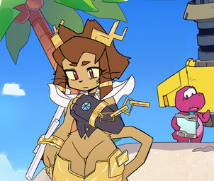 anthro antlers armor bracelet brown_hair clothing conjoined_eyes cosplay crossover_cosplay featureless_crotch female female_anthro greaves hair horn jewelry navel outside palm_tree plant sky solo tail tan_body tree whiskers ratxiao gameoverse glitch_productions pseudoregalia gobbles_(gameoverse) kit_bodega sybil_(pseudoregalia) dinosaur domestic_cat felid feline felis mammal prehistoric_species reptile scalie crossover hi_res