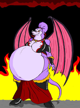 accessory anthro belly big_belly boots bottomwear breasts claws cleavage clothed clothing collar evil_grin fangs female fire footwear fur hair hair_accessory hairband hell loincloth looking_at_viewer navel obese obese_anthro obese_female overweight overweight_anthro overweight_female ponytail purple_body purple_fur red_eyes shoes smile solo spread_wings standing teeth topwear underground wings hectorthewolf all_dogs_go_to_heaven don_bluth mythology belladonna_(all_dogs_go_to_heaven) canid canid_demon canine canis demon domestic_dog hellhound mammal mythological_canine mythological_creature 2009 hi_res