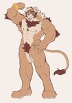 3_toes 5_fingers abs anthro arm_tuft armpit_hair barazoku beard biceps body_hair brown_body brown_crotch_tuft brown_fur chest_hair countershade_fur countershading elbow_tuft facial_hair featureless_crotch feet fingers flexing flexing_bicep fur hand_on_hip happy_trail male muscular muscular_anthro muscular_male nude pecs pubes red_eyes sideburns solo standing toes tuft watches white_body white_countershading white_fur kaennoox felid lion mammal pantherine hi_res