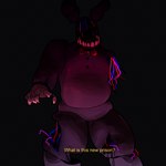 anthro black_background bow_tie fake_screencap horror_(theme) machine male purple_body red_bow_tie red_eyes simple_background slightly_chubby solo standing teeth text wire yellow_text melaisen five_nights_at_freddy's five_nights_at_freddy's_2 scottgames withered_bonnie_(fnaf) animatronic lagomorph leporid mammal rabbit robot 1:1 2021 absurd_res digital_drawing_(artwork) digital_media_(artwork) hi_res portrait three-quarter_portrait