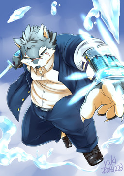 anthro biped clothed clothing footwear fur looking_at_viewer male melee_weapon overweight overweight_anthro overweight_male scar shoes solo sword technology weapon komanokura yuki_method lifewonders tokyo_afterschool_summoners moritaka_(tas) canid canine canis domestic_dog mammal absurd_res hi_res