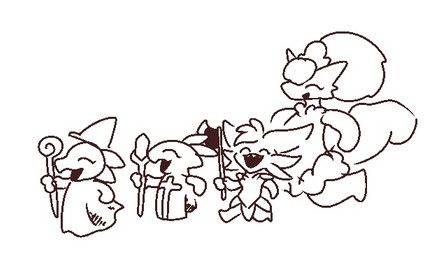 anthro axe chibi cleric clothing female group hat headgear headwear lineup magic_user melee_weapon simple_background staff warrior weapon wizard_hat rime_the_vixen nintendo pokemon pheronoa quentelia roza yiss lizard reptile scalie monochrome