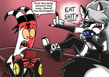 anthro armor bottomwear cellphone clothing duo electronics female fingerless_gloves fur gauntlets gesture gloves grey_body grey_fur grey_hair hair hand_gesture handwear horn leggings legwear male middle_finger navel notched_ear open_mouth phone profanity red_body red_eyes red_sclera shorts speech_bubble suit teeth text topwear white_body white_fur yellow_eyes shinragod hellaverse helluva_boss mythology blitzo_(helluva_boss) loona_(helluva_boss) canid canid_demon canine demon hellhound humanoid imp mammal mythological_canine mythological_creature 2025 digital_media_(artwork) english_text