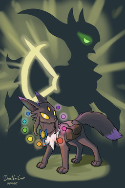 4_toes ambiguous_gender badge dipstick_ears dipstick_tail duo ear_markings explorer_badge feet female feral forehead_gem fur gem glowing glowing_eyes glowing_silhouette green_eyes grey_body grey_fur looking_at_viewer markings multicolored_ears neck_tuft purple_body purple_fur quadruped saddle_bag silhouette silhouetted_body standing tail tail_markings toes tuft yellow_eyes doesnotexist fakemon nintendo pokemon pokemon_mystery_dungeon spike_chunsoft onyx_(owenvii) arceus eeveelution generation_4_pokemon legendary_pokemon pokemon_(species) 2025 dated digital_media_(artwork) hi_res signature