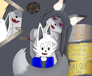 anthro behind_another clothing dialogue duo female fur grey_body grey_fur inner_ear_fluff magic_user male nervous nude nude_anthro nude_female purple_eyes simple_background speech_bubble tail text thaumaturgy tuft white_body white_fur miles_rosebh miles_amanda_rose_(miles_rosebh) reflow_(reflowg) canid canine canis hybrid mammal wolf 2025 hi_res shaded simple_shading spanish_text watermark