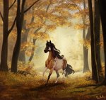 amazing_background ambiguous_gender autumn autumn_leaves detailed_background eyelashes feral forest hooves long_mane looking_at_viewer markings plant realistic running solo spots spotted_body tree fihell equid equine horse mammal detailed digital_media_(artwork) digital_painting_(artwork) hi_res signature warm_colors