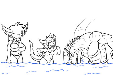 anthro breasts clothing female group male playing swimwear trio water tibbs mythology baku_(tibbs) betty_(tibbs) star_(tibbs) bat dragon mammal mythological_creature mythological_scalie reptile scalie comic hi_res