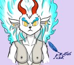 angry anthro blue_hair breasts clothed clothing covered_breasts ear_piercing ear_ring female fur hair horn long_hair muscular muscular_female narrowed_eyebrows piercing ring_piercing serious_face showing_teeth solo white_body white_fur yellow_eyes zataekink asian_mythology east_asian_mythology japanese_mythology mythology one_piece yamato_(one_piece) canid canine canis demon mammal oni wolf yokai hi_res signature
