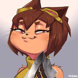 anthro blade_of_chaos brown_body brown_hair clothed clothing eyewear eyewear_on_head female goggles hair half-closed_eyes looking_at_viewer narrowed_eyes smile smirk smug smug_face solo whiskers conditional_dnp yazen gameoverse glitch_productions knife_cat smug_cat kit_bodega domestic_cat felid feline felis mammal 1:1 2026 digital_media_(artwork) hi_res meme