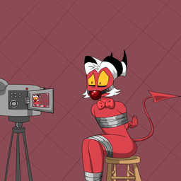anthro arms_tied ball_gag bdsm bondage bound bow_tie camera duct_tape furniture gag gagged hell inside kidnapping legs_tied male nude red_body red_room red_skin simple_background sitting solo spade_tail stool tail tape tripod spazzer_(artist) hellaverse helluva_boss moxxie_(helluva_boss) demon demon_humanoid humanoid imp 1:1 2021 digital_media_(artwork) hi_res