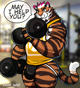anthro barazoku beard biceps big_bulge big_muscles blurred_background bulge clothed clothing countershading dialogue dumbbell exercise eyebrows facial_hair fingerless_gloves fur gloves gym hair handwear huge_muscles inside jockstrap looking_at_viewer male muscular muscular_anthro muscular_male photo_background shirt smile solo standing talking_to_viewer tank_top text thick_thighs topwear tuft underwear weightlifting weights workout darknaigart felid mammal pantherine tiger 2022 absurd_res artist_name english_text hi_res mixed_media photography_(artwork)