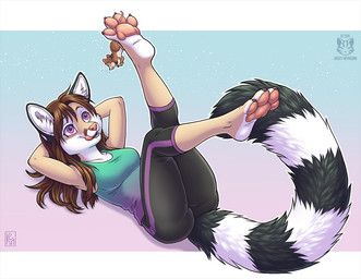 4_toes anthro barefoot bottomwear breasts brown_hair butt clothed clothing duo exercise feet female fluffy fluffy_tail hair hands_behind_head holding_character licking licking_lips lying markings micro on_back pants pawpads paws pink_nose pose purple_eyes ring_(marking) ringed_tail self_lick shirt simple_background size_difference smile stretching striped_markings striped_tail stripes tail tail_markings tank_top toes tongue tongue_out topwear workout yoga_pants kacey kristania tofu_(ralenfox) bassariscus mammal murid murine procyonid ring-tailed_cat rodent wood_mouse 2016 digital_media_(artwork) pinup