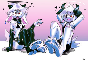 anthro bandage bikini bikini_top bite claws clothing collar duo ear_bite ear_piercing ear_tag feet femboy femboy/femboy finger_claws footwear halo heart_symbol hearts_around_head horn kerchief latex latex_clothing latex_legwear legwear male male/male neckerchief neckwear piercing pose red_eyes stirrup_legwear stockings swimwear toe_claws two-piece_swimsuit kara-chan bovid caprine goat mammal absurd_res hi_res