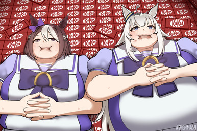 asian_clothing belly big_belly big_breasts blue_eyes blush bottomwear breasts brown_hair candy chocolate chocolate_bar clothed clothing dessert duo ear_bow east_asian_clothing female female_humanoid fingers food food_stains hair high-angle_view horse_ears inside interlocked_fingers japanese_clothing japanese_school_uniform lying morbidly_obese obese on_back overweight parody school_uniform serafuku skirt topwear uniform white_hair ashenmash breaking_bad cygames kitkat uma_musume_pretty_derby oguri_cap_(pretty_derby) special_week_(pretty_derby) animal_humanoid equid equid_humanoid equine equine_humanoid horse_humanoid humanoid mammal mammal_humanoid 2026 absurd_res digital_media_(artwork) hi_res