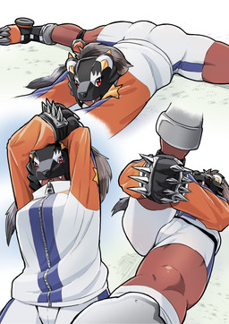 armor bottomwear brass_knuckles butt clothing dark_body dark_skin female headgear helmet melee_weapon paws raccoon_tail_hair shorts solo stretching tracksuit weapon zipper hase_popopo bandai_namco digimon digimon_beatbreak bearcatmon binturong_humanoid digimon_(species) humanoid absurd_res hi_res