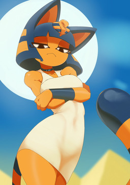 anthro armor bangs biped black_eyes blue_hair bob_cut choker crossed_arms detailed_background female frown hair jewelry lidded_eyes looking_down markings necklace solo striped_markings striped_tail stripes sun tail tail_markings uraeus vambrace yellow_body yellow_inner_ear ashraely animal_crossing nintendo ankha_(animal_crossing) domestic_cat felid feline felis mammal 2023 hi_res