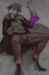 adventurer anthro blue_hair bottomwear clothed clothing hair male open_mouth pants potion raised_hand shirt solo topwear lovelysquishythings snowflake_(sftsl) hi_res