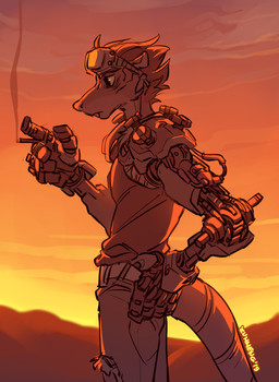 anthro cigarette eyewear goggles male prosthetic prosthetic_arm prosthetic_limb solo sunset zummeng max_(zummeng) mammal murid murine rat rodent 2019 digital_media_(artwork) hi_res