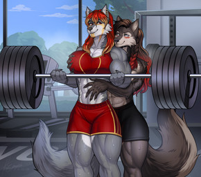 5_fingers abs anthro anthro_on_anthro barbell biceps big_breasts black_nose bodily_fluids bottomwear bra breast_fondling breast_play breast_squish breasts brown_hair clothed clothed_anthro clothed_female clothing deltoids duo exercise facial_markings facial_tattoo female female/female fingers fondling fur grey_body grey_fur gym hair hand_on_breast head_markings humanoid_hands markings muscular muscular_anthro muscular_female pecs pecs_with_breasts red_hair shorts smile sports_bra squish sweat tattoo thick_thighs underwear weightlifting wide_hips workout zcorpionwulf leia_convel valkairis_sarikblod canid canine canis mammal wolf hi_res