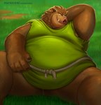 4_fingers anthro belly big_belly biped brown_body brown_fur clothed clothing fingers fur humanoid_hands male obese obese_male overweight overweight_anthro overweight_male sitting solo shibadoodles dragon_quest square_enix mammal orc_(dragon_quest) suid suina sus_(pig) wild_boar 2023 absurd_res hi_res